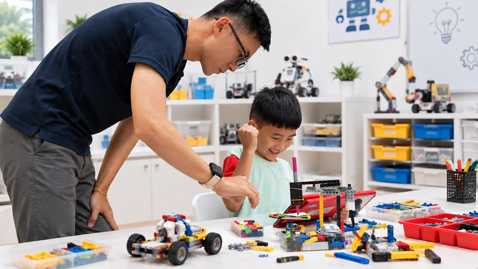 Instructor guiding a child building a LEGO robotics project